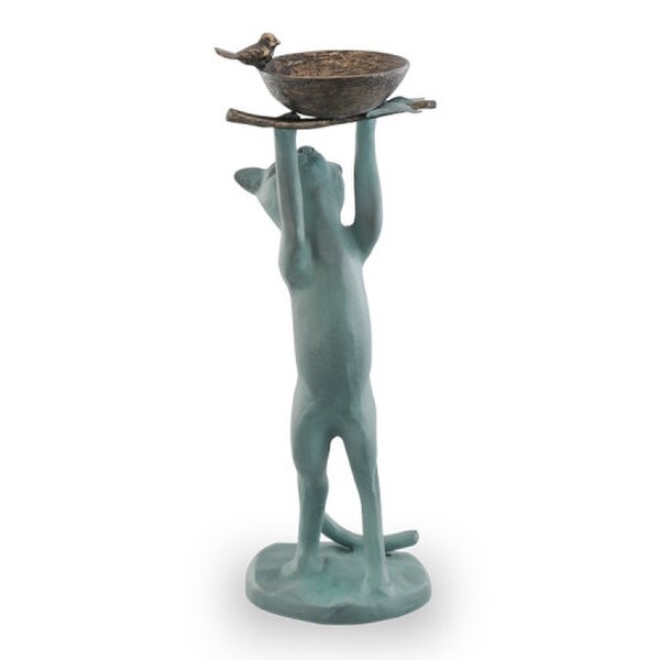 Statue Curious Cat Bird Feeder Whimsical Sculpture Aluminum Garden